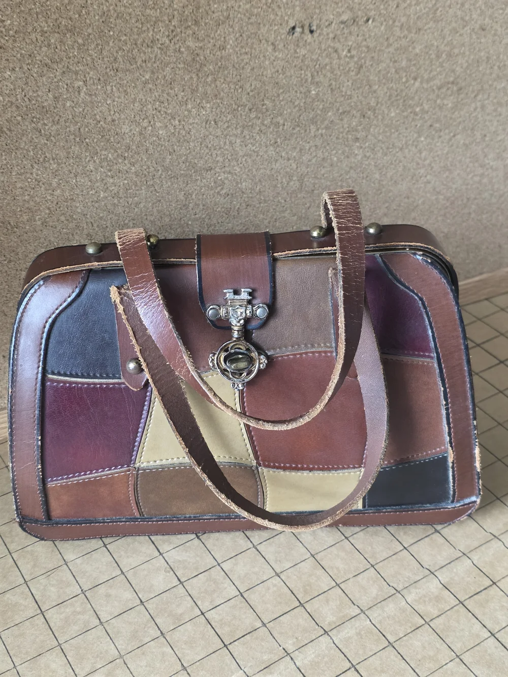 Burlington Patchwork Leather Frame Satchel  Vintage Boho Handbag
